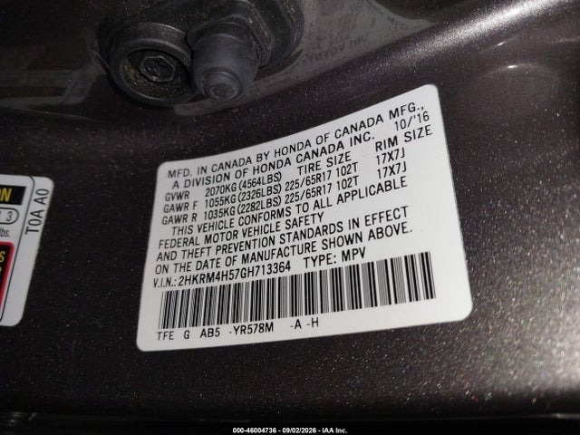 46004736 :رقم المزاد ، 2HKRM4H57GH713364 vin ، 2016 Honda Cr-v Ex مزاد بيع