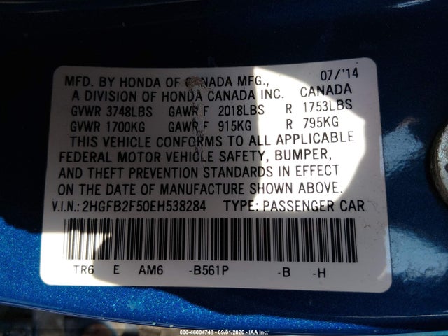 2014 Honda Civic Lx მანქანა იყიდება აუქციონზე, vin: 2HGFB2F50EH538284, აუქციონის ნომერი: 46004748