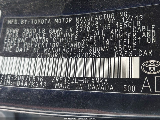46004752 :رقم المزاد ، 2T1BURHE1EC078253 vin ، 2014 Toyota Corolla Le Plus مزاد بيع