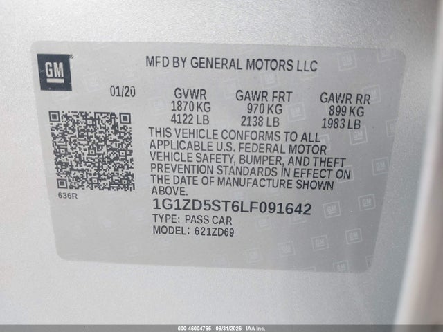 Aukcja sprzedaży 2020 Chevrolet Malibu Fwd Lt, vin: 1G1ZD5ST6LF091642, numer aukcji: 46004765