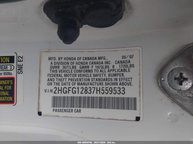 46004766 :رقم المزاد ، 2HGFG12837H559533 vin ، 2007 Honda Civic Ex مزاد بيع