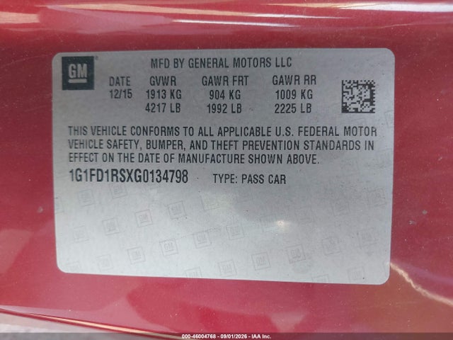 46004768 :رقم المزاد ، 1G1FD1RSXG0134798 vin ، 2016 Chevrolet Camaro 2lt مزاد بيع