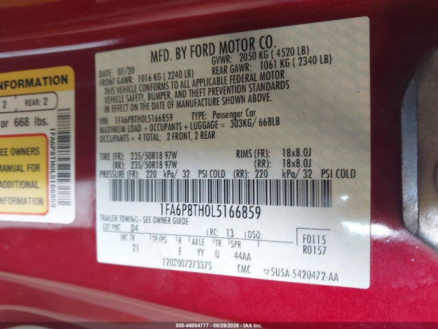 46004777 :رقم المزاد ، 1FA6P8TH0L5166859 vin ، 2020 Ford Mustang Ecoboost Fastback مزاد بيع