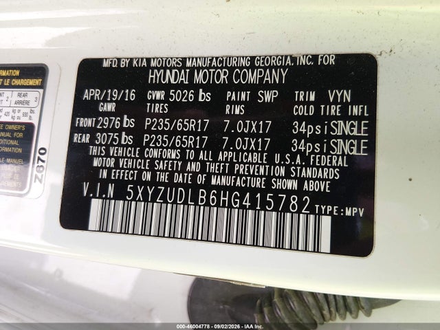 Aukcja sprzedaży 2017 Hyundai Santa Fe Sport 2.4l, vin: 5XYZUDLB6HG415782, numer aukcji: 46004778