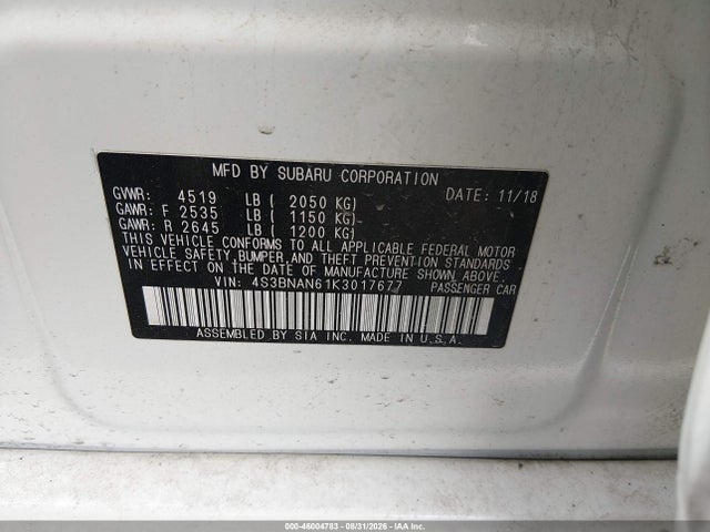 Aukcja sprzedaży 2019 Subaru Legacy 2.5i Limited, vin: 4S3BNAN61K3017677, numer aukcji: 46004783