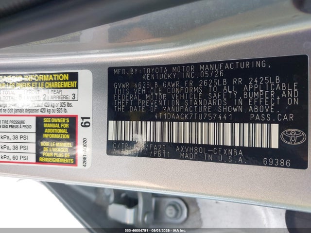 Продаж на аукціоні авто 2026 Toyota Camry Le, vin: 4T1DAACK7TU757441, номер лоту: 46004791