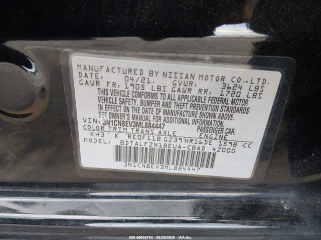 Продажа на аукционе авто 2021 Nissan Versa Sv Xtronic Cvt, vin: 3N1CN8EV3ML884447, номер лота: 46004792