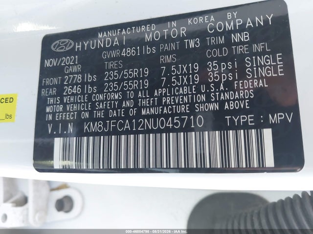 2022 Hyundai Tucson Hybrid Sel Convenience მანქანა იყიდება აუქციონზე, vin: KM8JFCA12NU045710, აუქციონის ნომერი: 46004798