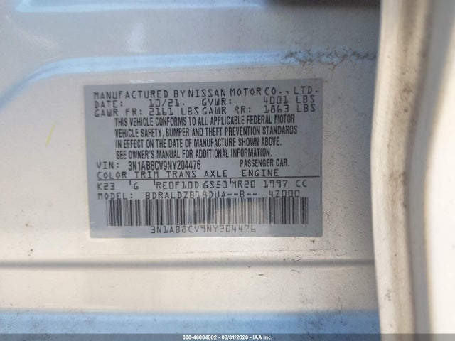 Продаж на аукціоні авто 2022 Nissan Sentra Sv Xtronic Cvt, vin: 3N1AB8CV9NY204476, номер лоту: 46004802