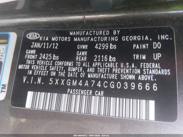 Aukcja sprzedaży 2012 Kia Optima Lx, vin: 5XXGM4A74CG039666, numer aukcji: 46004812