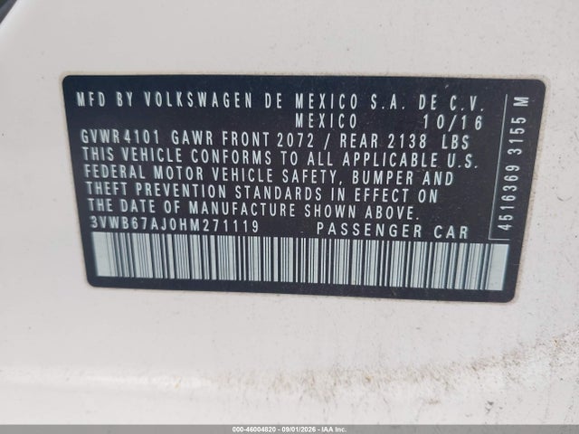 46004820 :رقم المزاد ، 3VWB67AJ0HM271119 vin ، 2017 Volkswagen Jetta 1.4t Se مزاد بيع