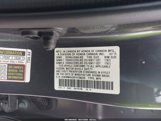 46004822 :رقم المزاد ، 2HKRM4H59FH706026 vin ، 2015 Honda Cr-v Ex مزاد بيع