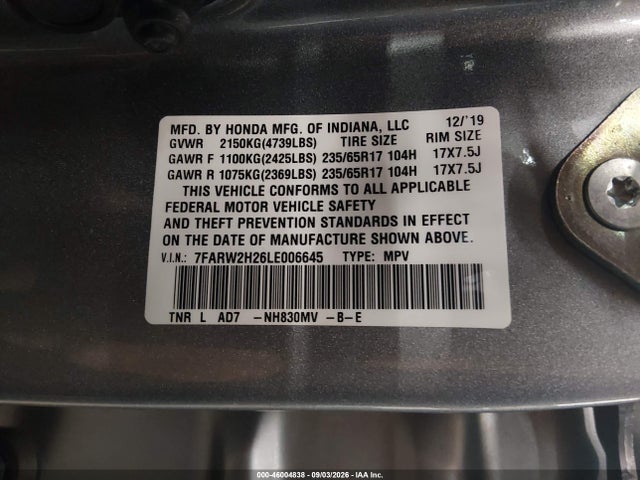 46004838 :رقم المزاد ، 7FARW2H26LE006645 vin ، 2020 Honda Cr-v Awd Lx مزاد بيع