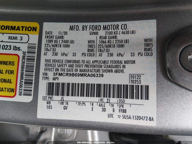2021 Ford Bronco Sport Big Bend მანქანა იყიდება აუქციონზე, vin: 3FMCR9B69MRA06339, აუქციონის ნომერი: 46004853