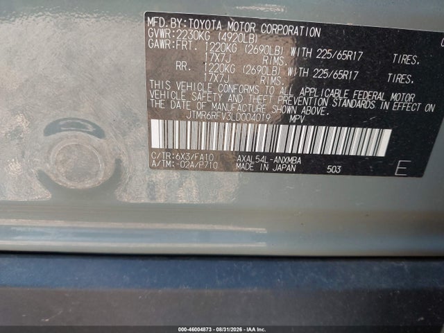 Aukcja sprzedaży 2020 Toyota Rav4 Hybrid Xle, vin: JTMR6RFV3LD004019, numer aukcji: 46004873