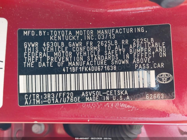 Aukcja sprzedaży 2013 Toyota Camry Se, vin: 4T1BF1FK4DU671638, numer aukcji: 46004887