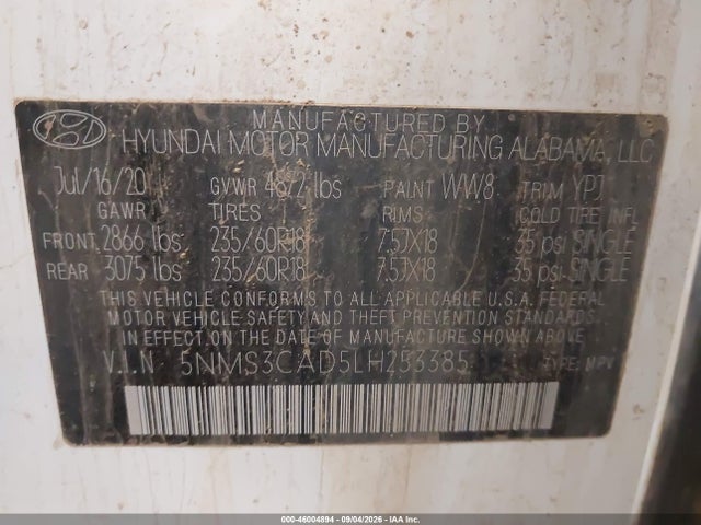 46004894 :رقم المزاد ، 5NMS3CAD5LH253385 vin ، 2020 Hyundai Santa Fe Sel مزاد بيع