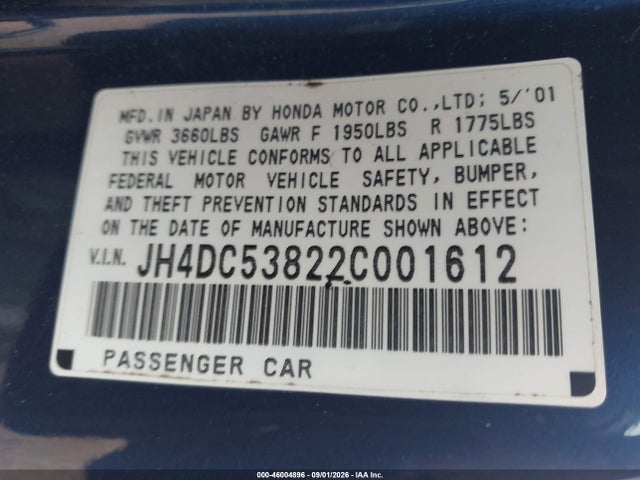 46004896 :رقم المزاد ، JH4DC53822C001612 vin ، 2002 Acura Rsx مزاد بيع