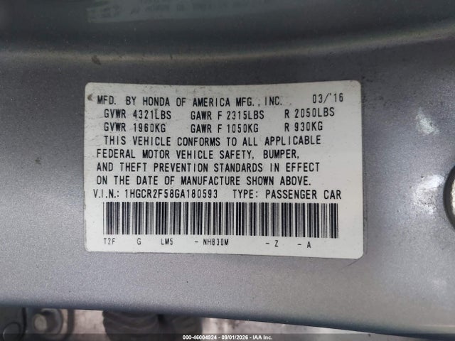 1HGCR2F58GA180593 Honda Accord Sport