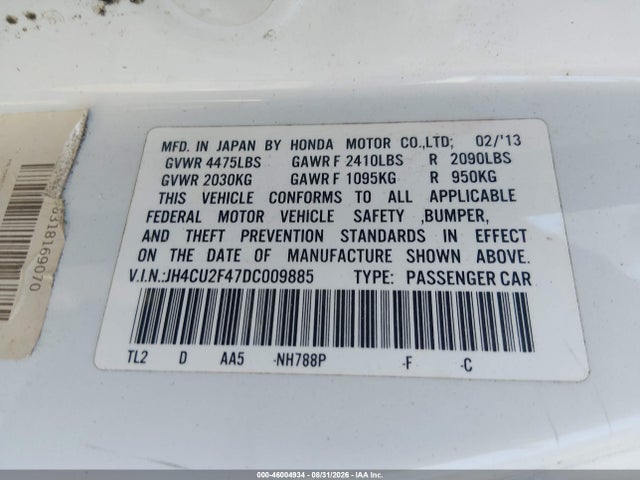 46004934 :رقم المزاد ، JH4CU2F47DC009885 vin ، 2013 Acura Tsx 2.4 مزاد بيع