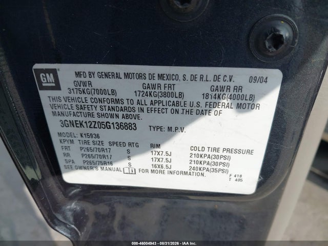 46004943 :رقم المزاد ، 3GNEK12Z05G136883 vin ، 2005 Chevrolet Avalanche 1500 Z71 مزاد بيع