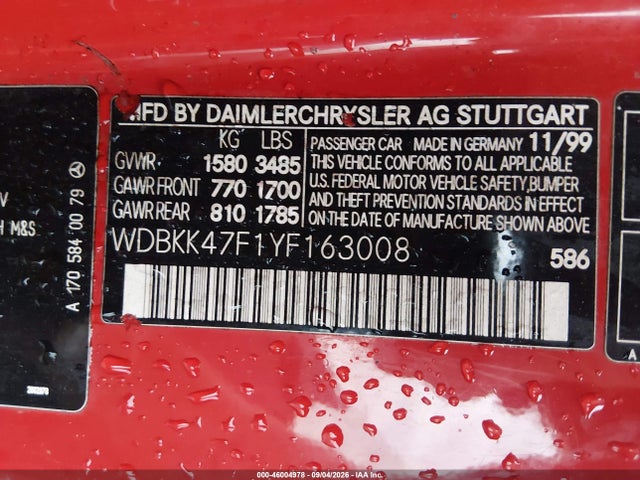 46004978 :رقم المزاد ، WDBKK47F1YF163008 vin ، 2000 Mercedes-benz Slk 230 Kompressor مزاد بيع