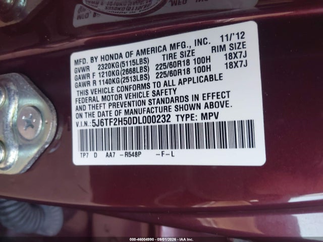 46004990 :رقم المزاد ، 5J6TF2H50DL000232 vin ، 2013 Honda Crosstour Ex-l V6 مزاد بيع