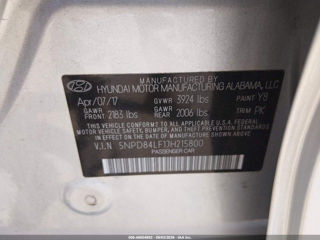 Продажа на аукционе авто 2018 Hyundai Elantra Sel, vin: 5NPD84LF1JH215800, номер лота: 46004992