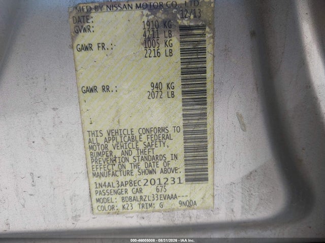 2014 Nissan Altima 2.5 S მანქანა იყიდება აუქციონზე, vin: 1N4AL3AP8EC201231, აუქციონის ნომერი: 46005008