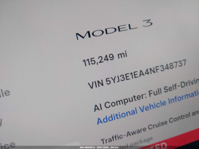 Auction sale of the 2022 Tesla Model 3 Rear-wheel Drive, vin: 5YJ3E1EA4NF348737, lot number: 46005010