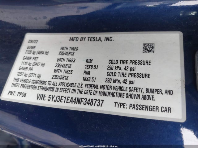 Auction sale of the 2022 Tesla Model 3 Rear-wheel Drive, vin: 5YJ3E1EA4NF348737, lot number: 46005010