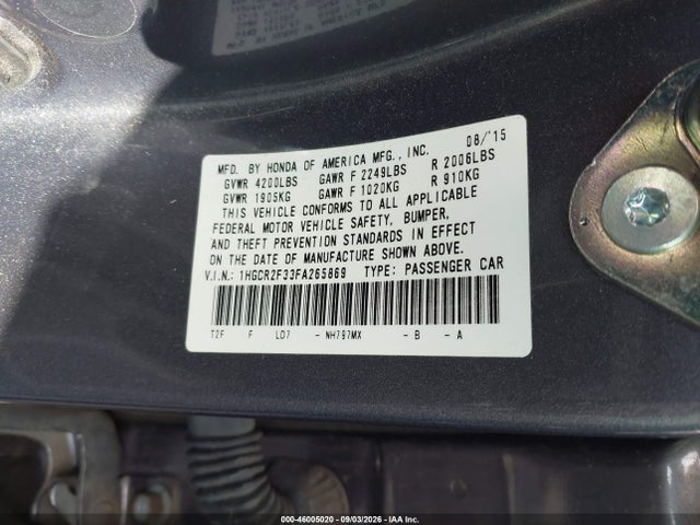 Honda ACCORD LX 2015 1HGCR2F33FA265869 Image 9