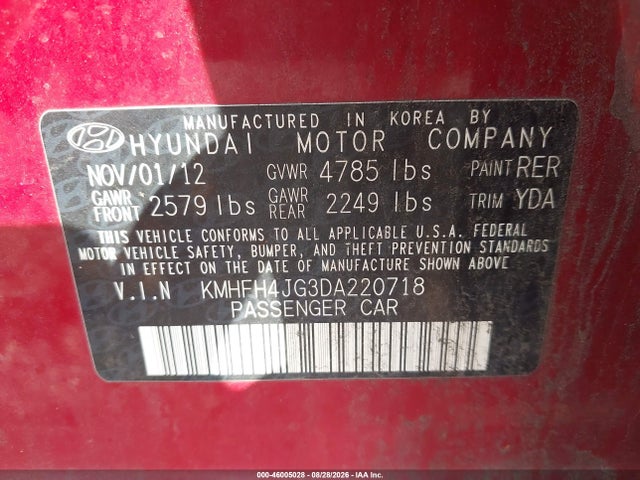 Продаж на аукціоні авто 2013 Hyundai Azera, vin: KMHFH4JG3DA220718, номер лоту: 46005028