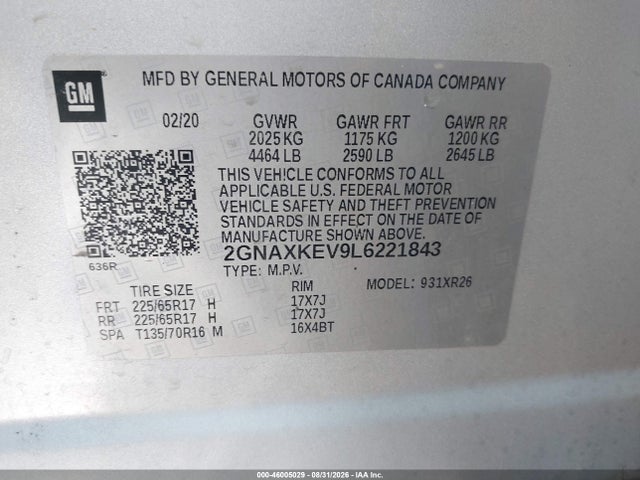 Aukcja sprzedaży 2020 Chevrolet Equinox Lt, vin: 2GNAXKEV9L6221843, numer aukcji: 46005029