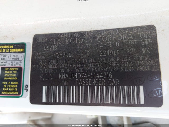 46005040 :رقم المزاد ، KNALN4D74E5144316 vin ، 2014 Kia Cadenza Premium مزاد بيع