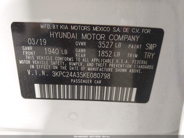 Aukcja sprzedaży 2019 Hyundai Accent Se, vin: 3KPC24A35KE080798, numer aukcji: 46005045