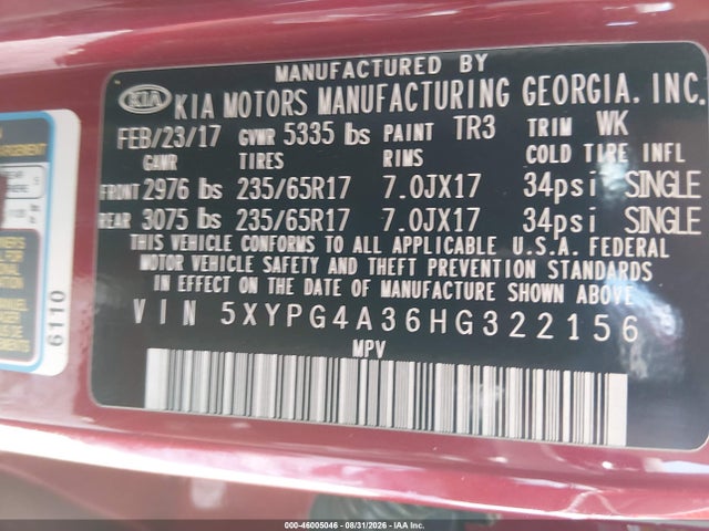 5XYPG4A36HG322156 KIA Sorento 2.4l Lx