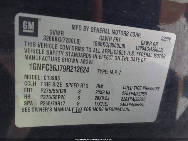 2009 Chevrolet Suburban 1500 Ltz მანქანა იყიდება აუქციონზე, vin: 1GNFC36J79R212624, აუქციონის ნომერი: 46005048