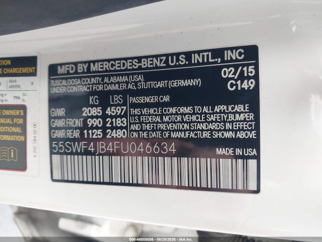 46005056 :رقم المزاد ، 55SWF4JB4FU046634 vin ، 2015 Mercedes-benz C 300 مزاد بيع