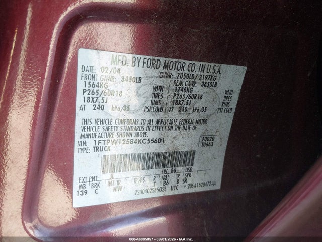 Продажа на аукционе авто 2004 Ford F-150 Lariat/xlt, vin: 1FTPW12584KC55601, номер лота: 46005057