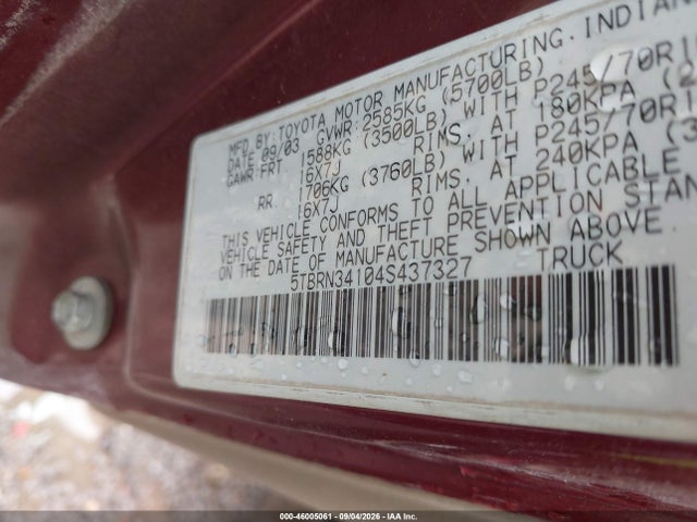 Продажа на аукционе авто 2004 Toyota Tundra Sr5, vin: 5TBRN34104S437327, номер лота: 46005061