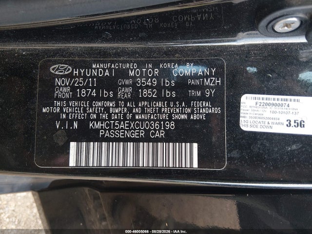 2012 Hyundai Accent Gs მანქანა იყიდება აუქციონზე, vin: KMHCT5AEXCU036198, აუქციონის ნომერი: 46005066