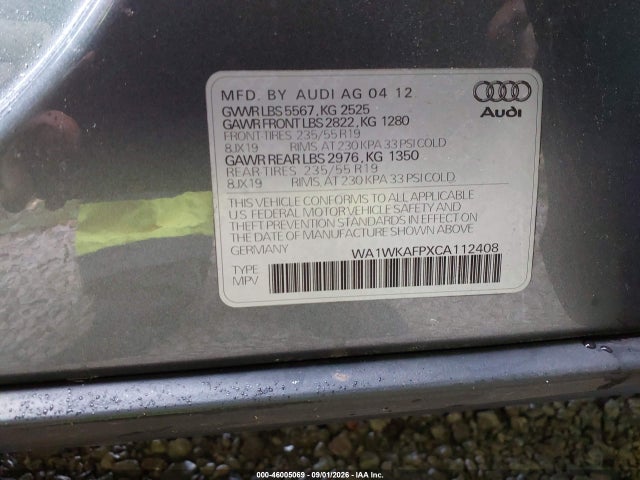 46005069 :رقم المزاد ، WA1WKAFPXCA112408 vin ، 2012 Audi Q5 3.2 Premium مزاد بيع