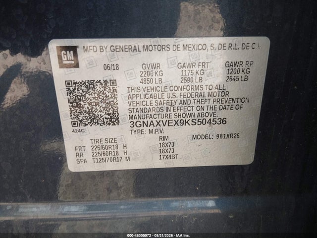 Aukcja sprzedaży 2019 Chevrolet Equinox Lt, vin: 3GNAXVEX9KS504536, numer aukcji: 46005072