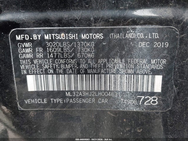 Продажа на аукционе авто 2020 Mitsubishi Mirage Es/se, vin: ML32A3HJ2LH004631, номер лота: 46005083