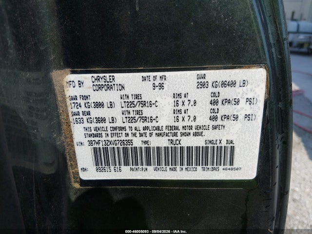 Продаж на аукціоні авто 1997 Dodge Ram 1500 St, vin: 3B7HF13ZXVG726355, номер лоту: 46005093