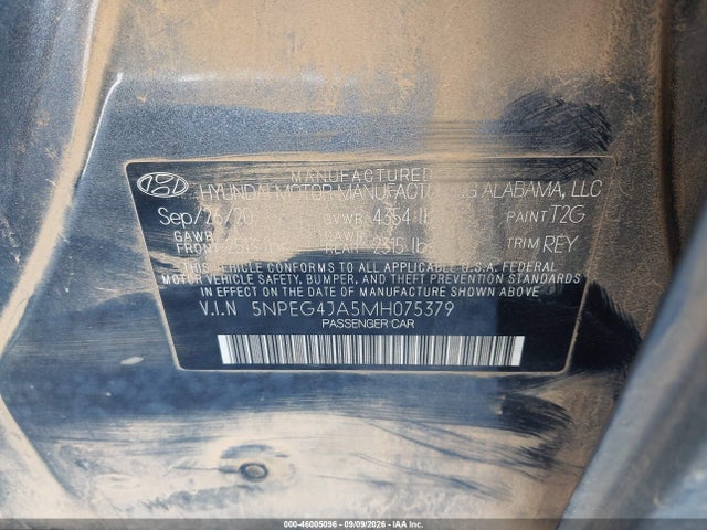 Aukcja sprzedaży 2021 Hyundai Sonata Se, vin: 5NPEG4JA5MH075379, numer aukcji: 46005096