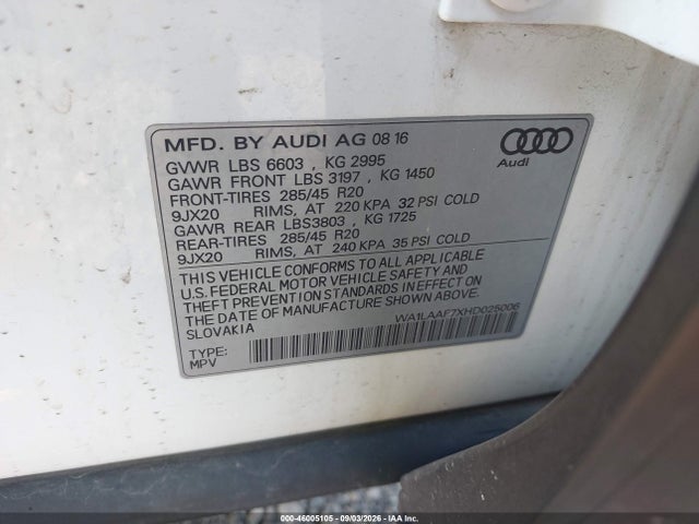 46005105 :رقم المزاد ، WA1LAAF7XHD025006 vin ، 2017 Audi Q7 3.0t Premium مزاد بيع