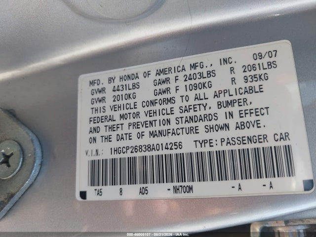 Продажа на аукционе авто 2008 Honda Accord 2.4 Ex-l, vin: 1HGCP26838A014256, номер лота: 46005107