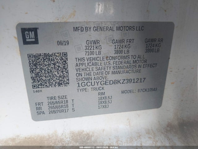 46005113 :رقم المزاد ، 1GCUYGED8KZ391217 vin ، 2019 Chevrolet Silverado 1500 Ltz مزاد بيع